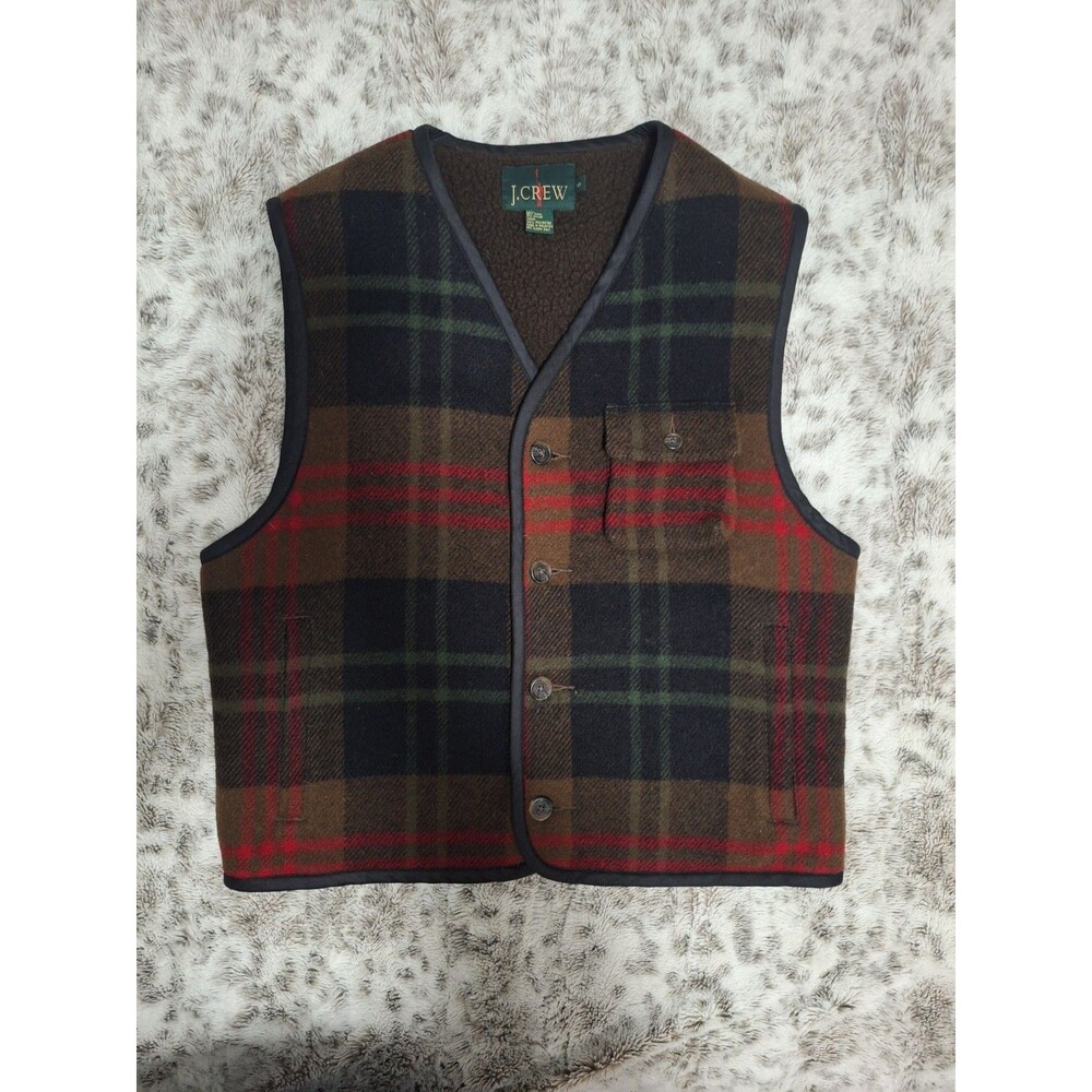 Vintage J Crew Oarsman Vest Mens Small Plaid Wool Blend Sherpa Lined interior